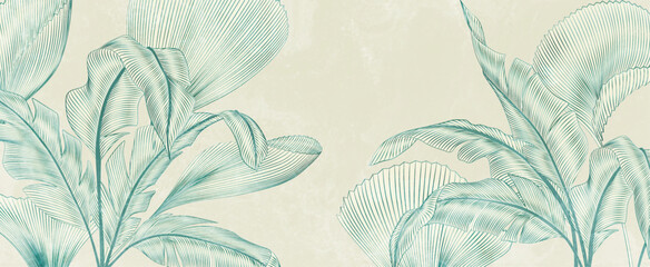 Obraz premium Premium art background with hand-drawn tropical leaves in line style. Botanical banner for decor, prints, wallpaper, textiles, packaging, and interior design.