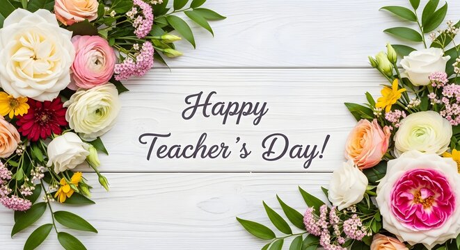 Colorful floral bouquet with Happy Teacher's Day greeting card. Vibrant pastel roses, lilies, and daisies arranged in a festive spring display. Per...