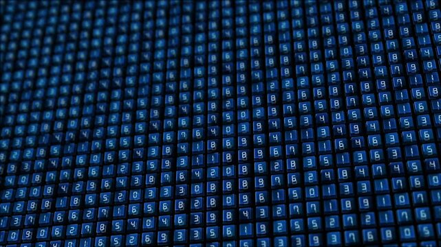 Glowing blue number grid repeating digital tiles, coded values, deep perspective for modern calculation visuals. data science finance explainers, cyber dashboards, software themes, tech overlays.