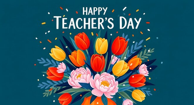 Happy Teachers Day greeting card. Colorful tulip flower bouquet illustration. Education holiday.