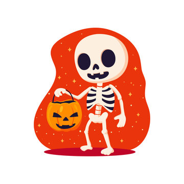 illustration of a skeleton with a pumpkin for Halloween, a cartoon character, an illustration for the design of festive themed goods