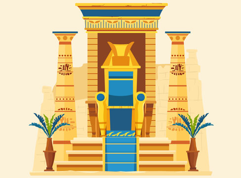 golden throne of the pharaoh of Ancient Egypt, Egyptian-style columns with palm trees on either side, Egyptian mythology, Ancient Egypt