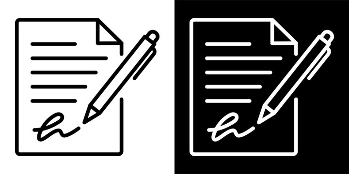 Document signature outline icon. Contract signing, approval and paperwork symbol for legal documents, business agreements, office workflow and document management.