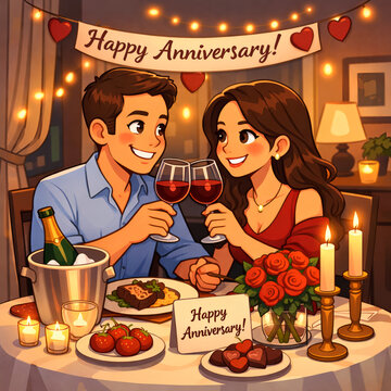 Romantic Anniversary Dinner Celebration with Happy Couple Toasting Wine