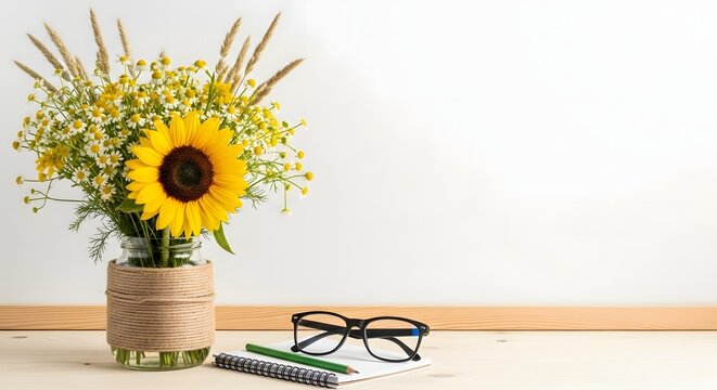 Bright sunflower bouquet in rustic jar on wooden desk. Fresh yellow flowers arranged in burlap-wrapped vase with eyeglasses. Natural home office de...