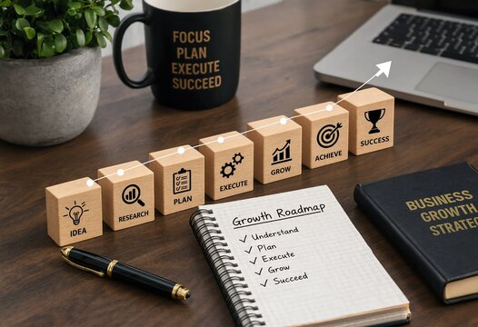 Business strategy roadmap from idea to success with wooden block steps