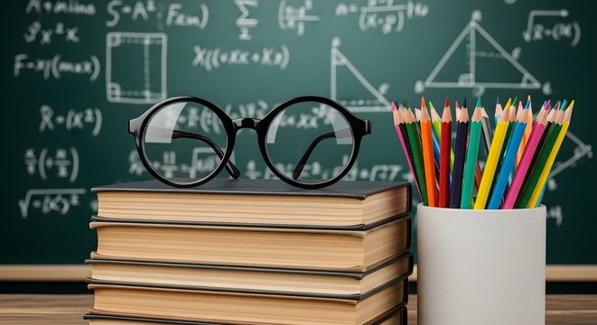 Stack of books with glasses. School supplies on desk. Academic study and learning concept.