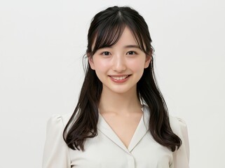 Fototapeta premium 清潔感のある白背景で微笑む若い日本人女性の明るい笑顔ポートレート