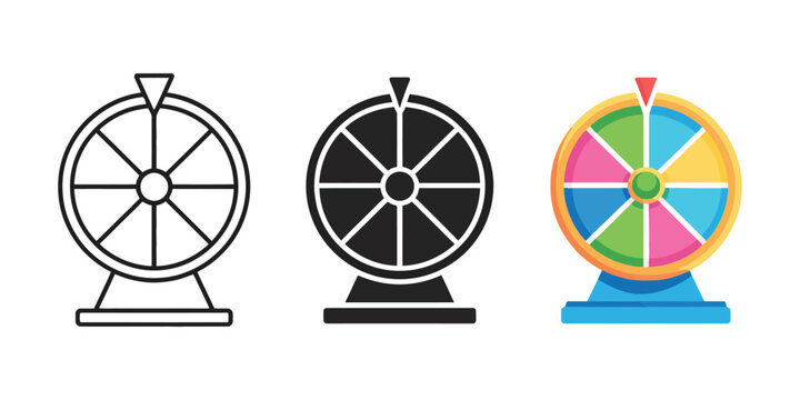 Lucky wheel vector icons featuring prize draw, spinning wheel, gaming rewards, random selection, promotional giveaway, and flat illustration for marketing design.
