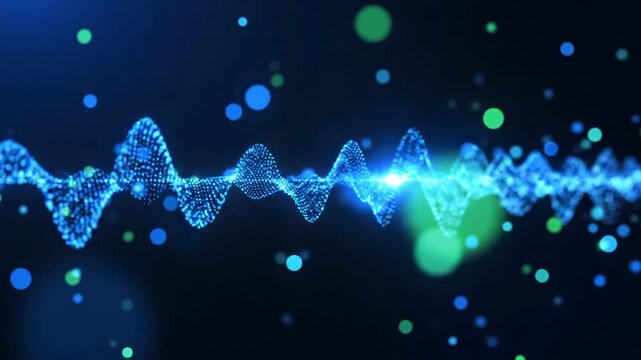 Abstract digital sound wave background with glowing blue particles and bokeh lights