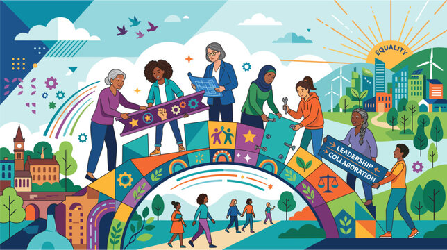 Women from different generations building a symbolic bridge together, representing International Women's Equality Day, 2D flat vector illustration