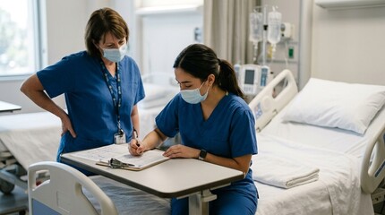 Fototapeta premium Clinical instructor observing a student nurse update a practice chart at a training bedside - Healthcare & Nursing Documentation Stock Photo