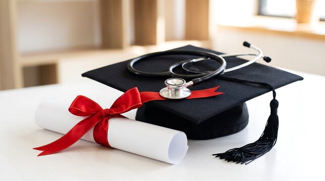 Graduation cap with diploma scroll and medical stethoscope for nursing student graduation stethoscope
