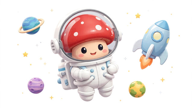 cute mushroom astronaut with red spotted cap, blue rocket and colorful planets floating, now isolated on pure white for EPS