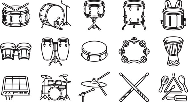  Acoustic drums and percussion musical instruments outline line art icons vector illustration set isolated on white background.