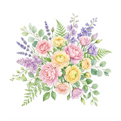 Fototapeta premium Beautiful watercolor flower bouquet with roses and lavender isolated on transparent background