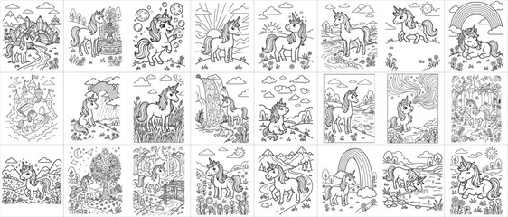 Obraz premium Collection of Whimsical Unicorn Line Art Designs Featuring Fantasy Scenes and Magical Elements for C.jpg Collection of Whimsical Unicorn Line Art Designs Featuring Fantasy Scenes and Magical Elements 