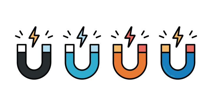 Magnet vector icons featuring magnetic attraction, lead generation, business growth, physics concepts, and multiple style designs for modern applications.