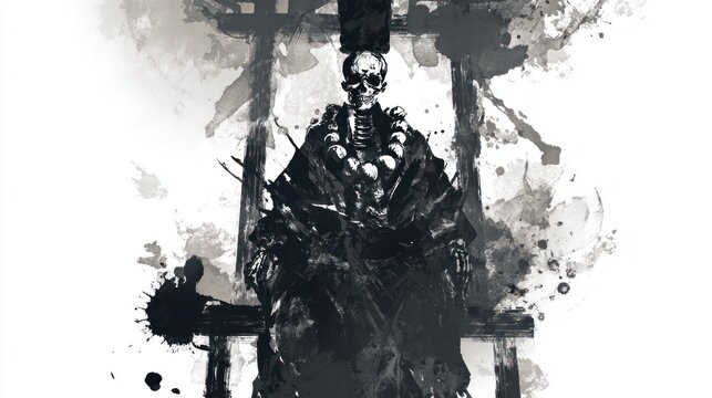 Ink illustration of a skeleton in a robe on a wooden structure