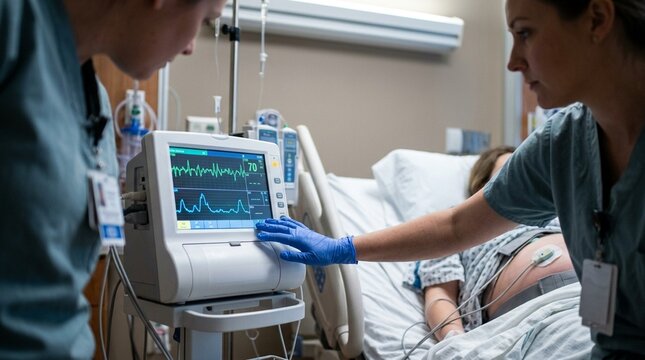 Labor and delivery nurse monitoring contraction patterns on a bedside fetal monitor - Healthcare & Nursing Documentation Stock Photo
