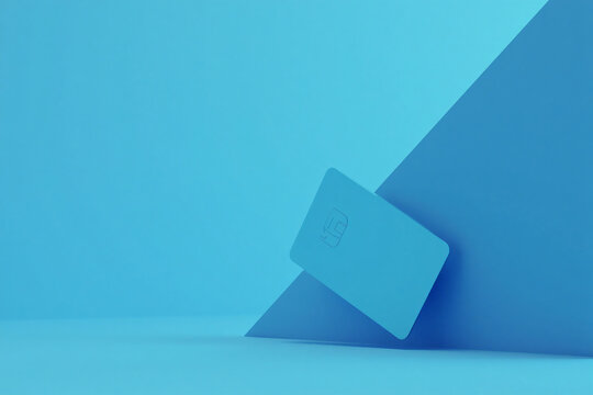 Minimalist blue credit card leaning against blue geometric background with modern clean design and subtle shadow for financial concept