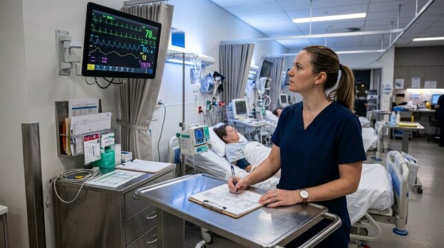 Cardiac ward nurse updating a telemetry chart while glancing at a wall-mounted heart rate monitor - Healthcare & Nursing Documentation Stock Photo