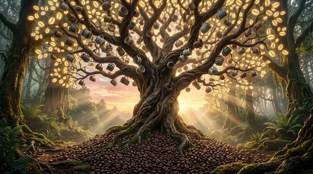 Enchanted coffee tree laden with mugs and glowing leaves in a mystical forest Keywords: coffee tree, magical tree, enchanted forest, coffee mugs