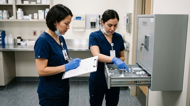 Controlled substance count being verified by two nurses at a locked medication cabinet - Healthcare & Nursing Documentation Stock Photo
