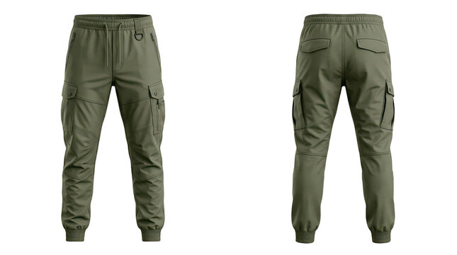 Front and back view of green tactical cargo pants with pockets trousers tactical clothing menswear military