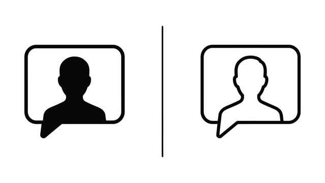 Two black line art icons depicting user profile avatars within speech bubbles on a white background