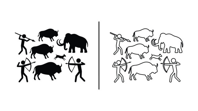 Cave paintings depicting prehistoric hunters and bison with a mirrored arrangement on a white background