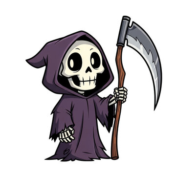 Cute cartoon grim reaper holding large sharp scythe tool wearing purple hooded mantle.