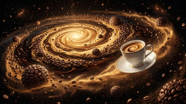 Cosmic Coffee Galaxy with Swirling Nebula and Coffee Cup image stock