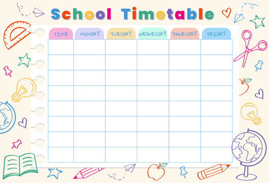 A weekly school timetable for kids in doodle style.