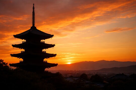 燃えるような空とシルエットの五重塔が織りなす日本の絶景