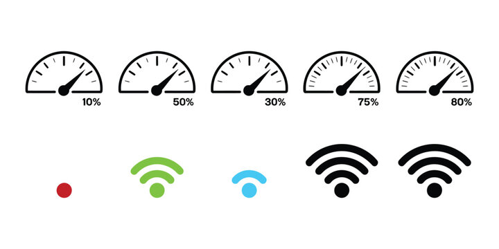 Network speed test vector icon featuring WiFi, broadband connection performance monitoring, internet diagnostics, and digital connectivity for modern interface design.