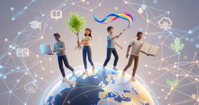 Global Connection Concept with 3D Characters Illustrating Education, Creativity, and Environmental Care