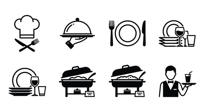 Catering Service Icons Flat Black Silhouettes On White Background