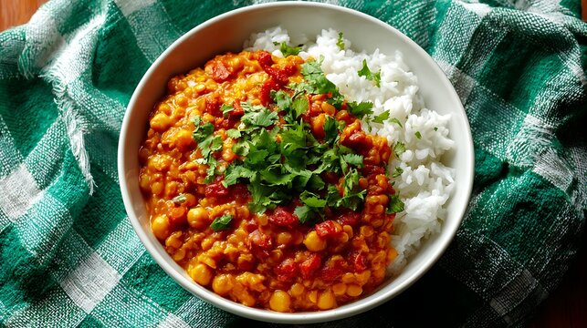 A bowl of spicy chickpea curry and white rice garnished with fresh cilantro, served on a green checkered cloth.
