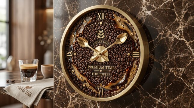 Round clock face made of coffee beans and liquid coffee with golden spoons espresso