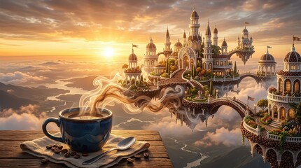 Fototapeta premium Steaming Coffee Cup In Foreground With A Fantastical Floating Castle Cityscape At Sunset blue cup saucer