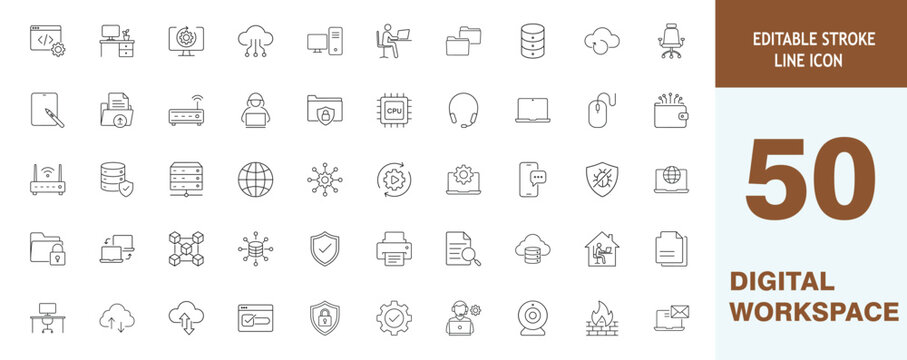 Set of 50 digital workspace line icons, including cloud computing, network security, remote work, data management, and office technology elements for web and app design