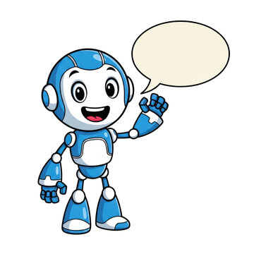 Cute friendly blue robot waving hello with speech bubble for message.