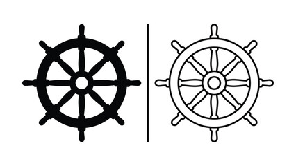 Two nautical ship wheels in black and white line art style on a white background for maritime themes © AL AMIN