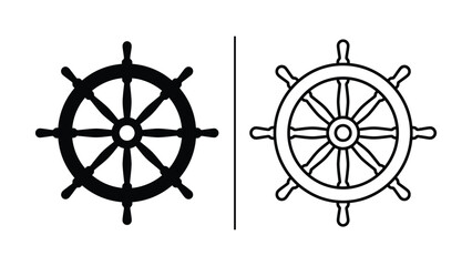 Two ship wheels in different line weights on a white background representing nautical themes and maritime navigation © AL AMIN