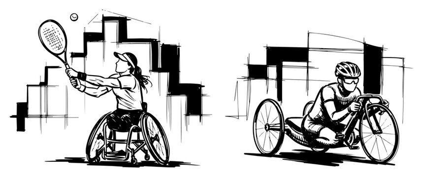 Paralympic athletes sketch, wheelchair tennis and paracycling handbike vector illustration in hand drawn engraving style, inclusion and disability sport concept