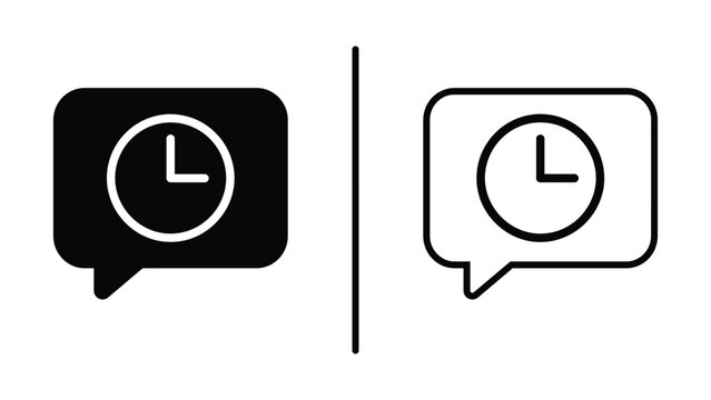 Two black line icons of a clock inside a speech bubble on a white background representing time and communication
