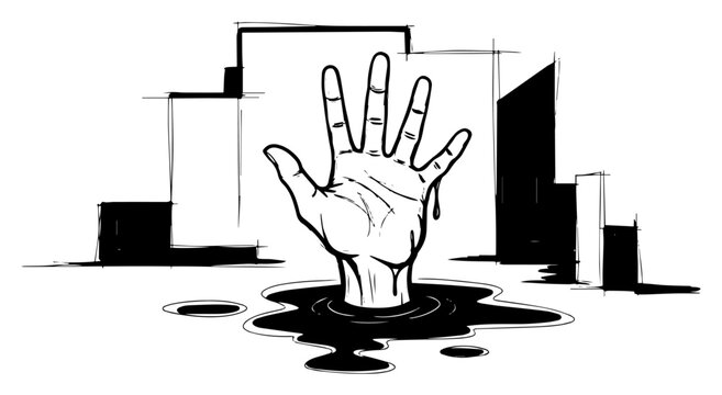 Human hand emerging from black oil spill or puddle sketch, environmental disaster and pollution vector illustration in vintage hand drawn engraving style