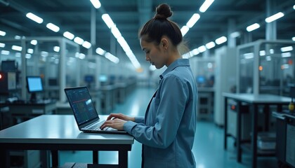 Fototapeta premium Female engineer works with laptop in high tech automated electronics manufacturing facility. Asian woman manager monitors digital production process on screen at smart factory floor. Professional