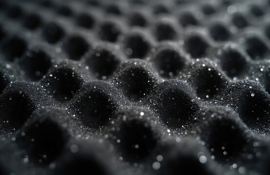 Close view of black porous foam surface with water droplets. Abstract background texture shows waves of material. Bubbles create pattern for design.